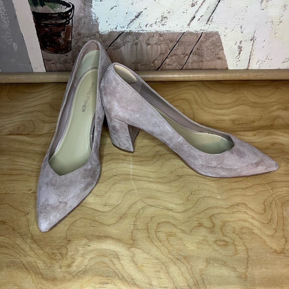 Marc Fisher Beige Vegan Suede Chunky Heel Pumps